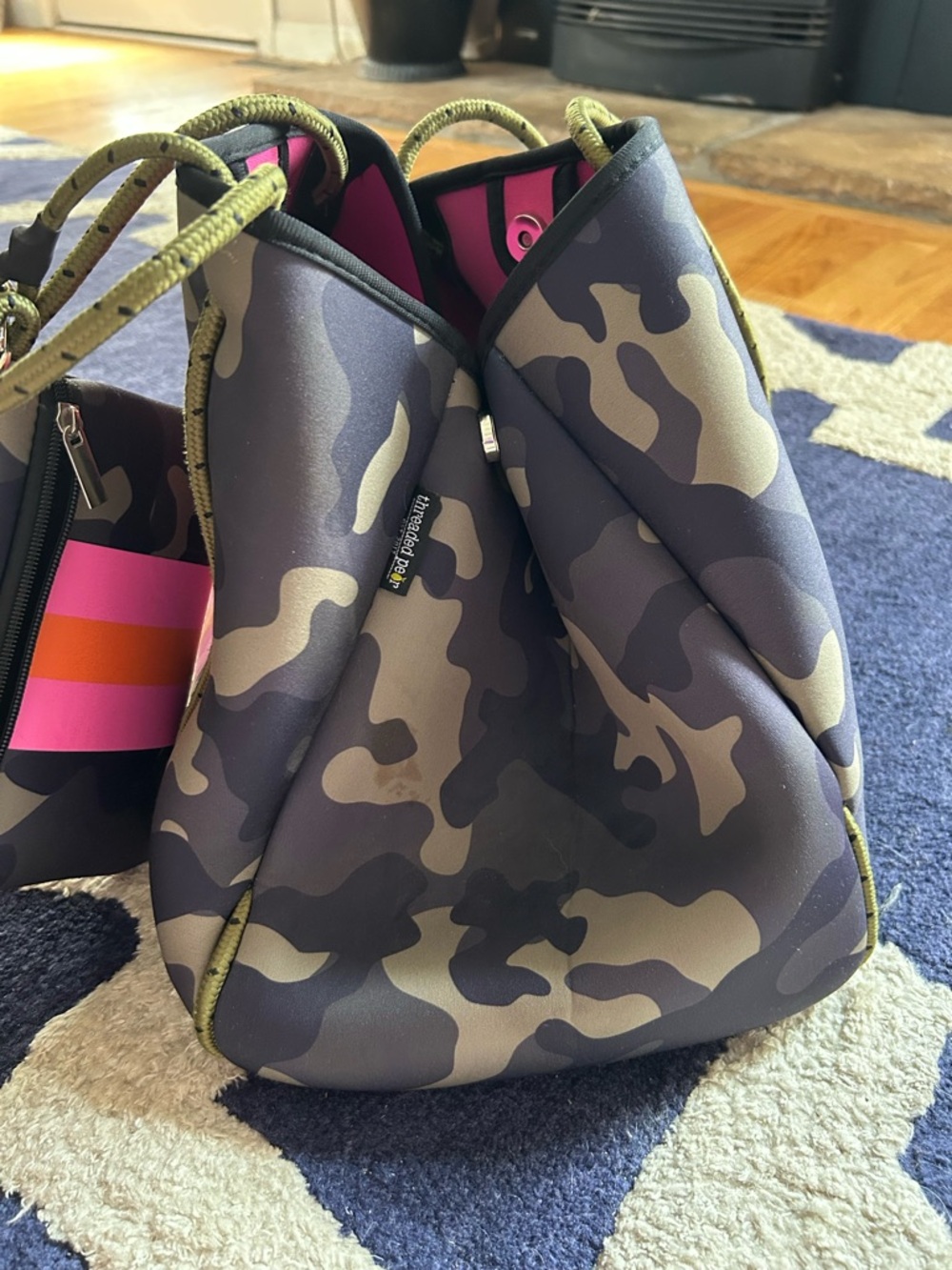 Women’s Camouflage Neoprene Tote with Pink and Orange Stripe - Picture 2 of 5